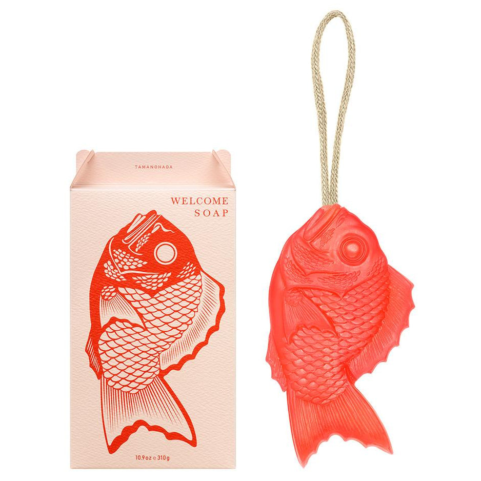Luxurious fish-shaped soap from Japan with the scent of muscovado, pomegranate, or lily—comes with a string for hanging. The perfect gift for all bath and Japan lovers.