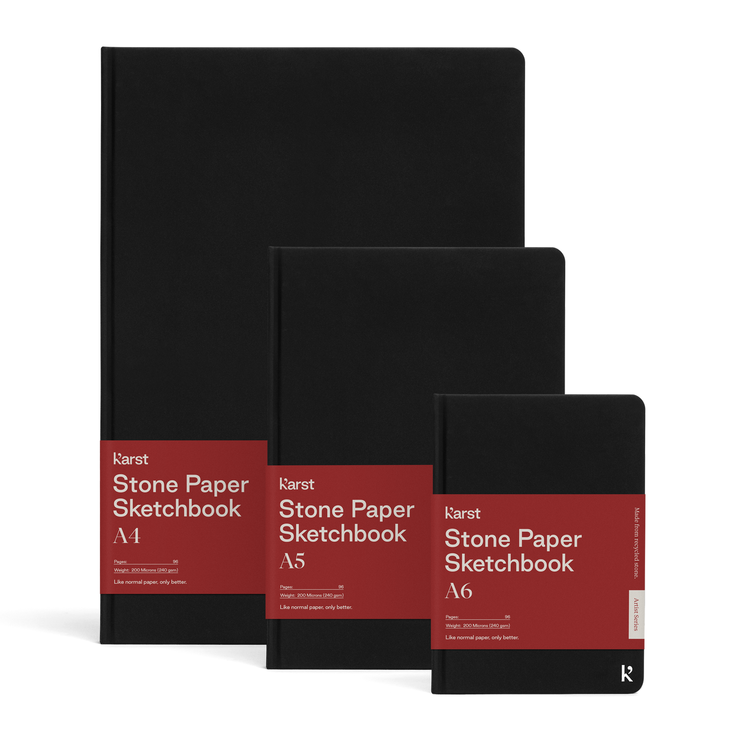 Hard-bound sketchbook in A4, A5, and A6 with waterproof, tear-resistant, and tree-free stone paper for smooth drawing.