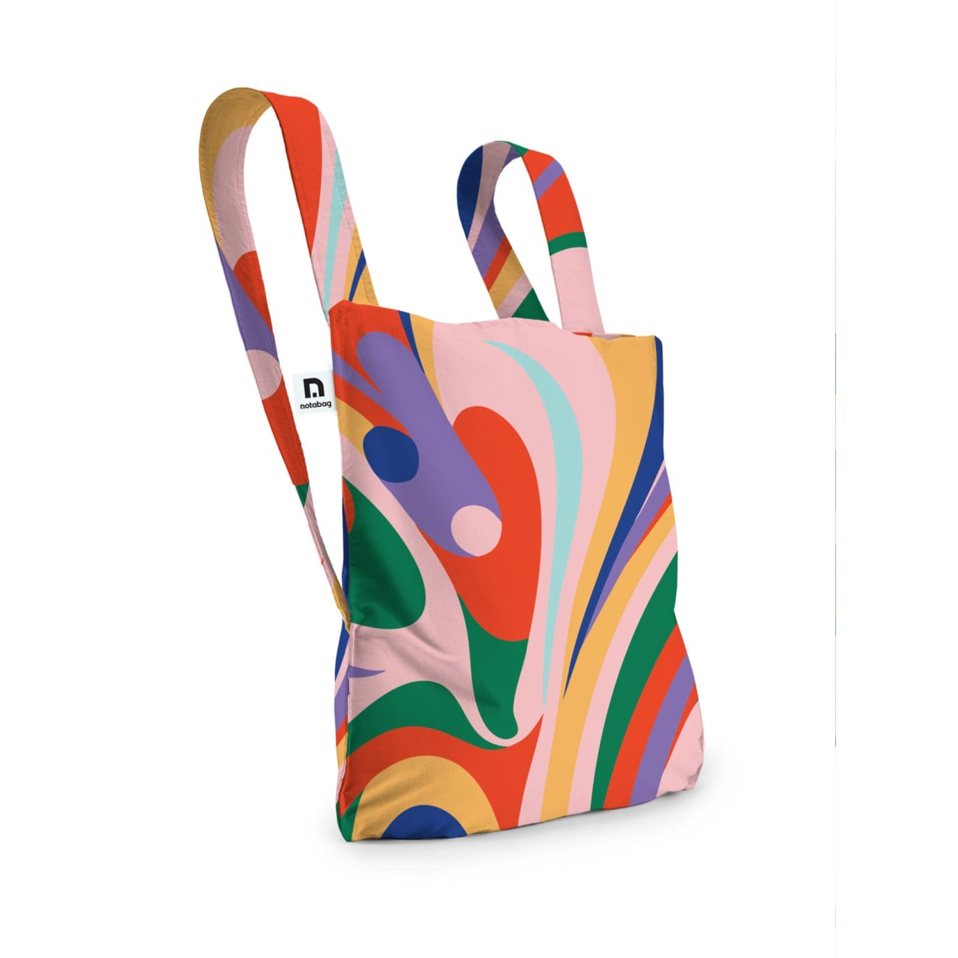 Foldable bag & backpack in warm colors and pattern with soft curves & waves - notabag flow
