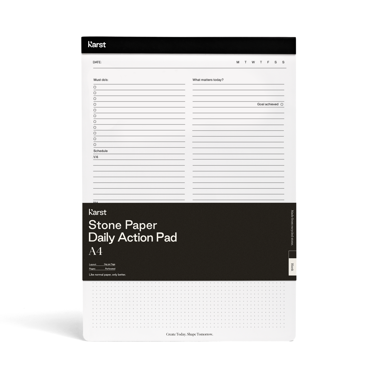 A4 daily notepad made of ultra-smooth stone paper with a simple functional layout - structure your day, set goals and take notes every day.