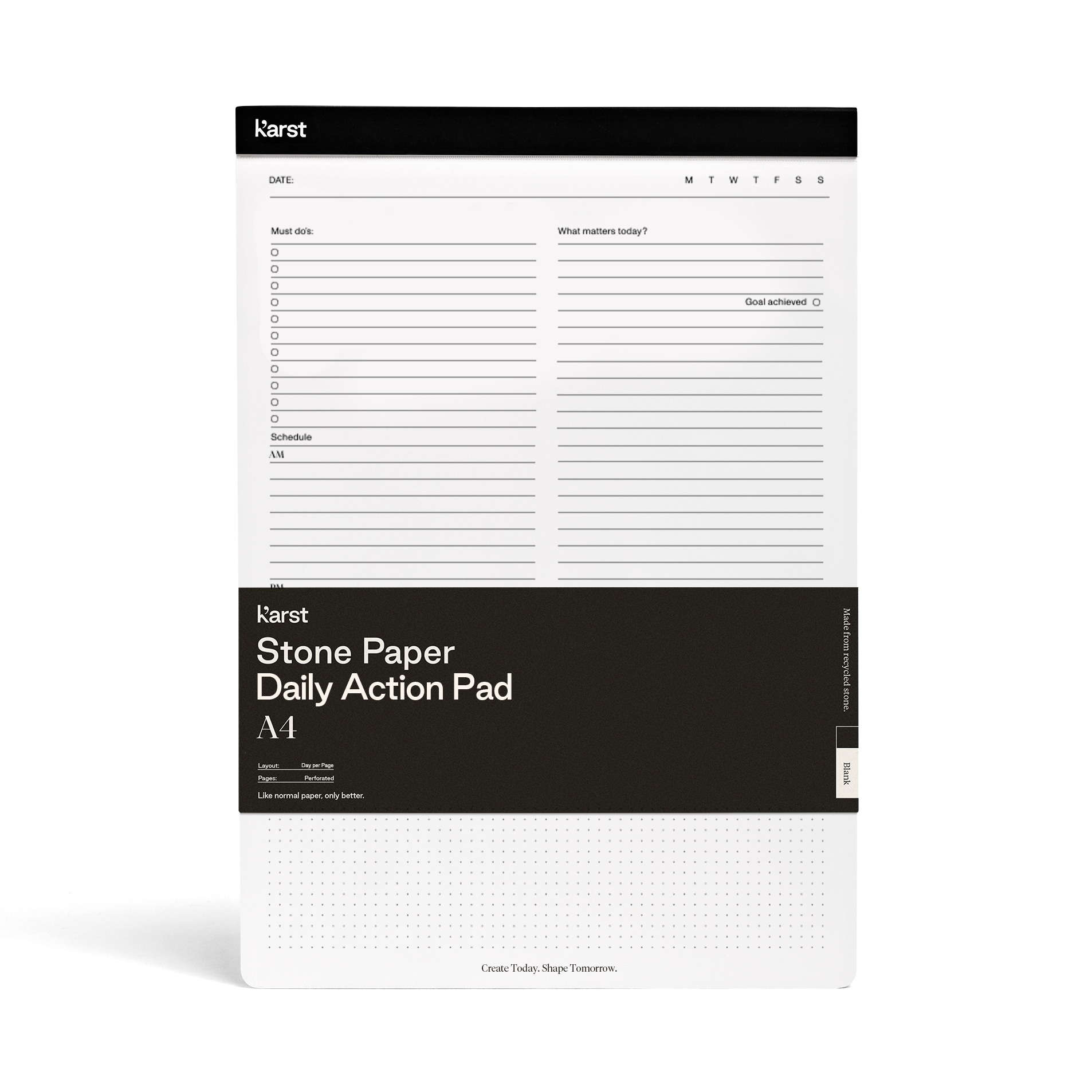A4 daily notepad made of ultra-smooth stone paper with a simple functional layout - structure your day, set goals and take notes every day.