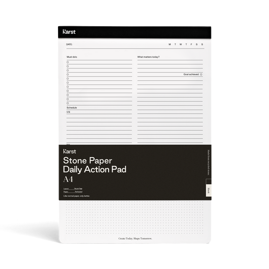 A4 daily notepad made of ultra-smooth stone paper with a simple functional layout - structure your day, set goals and take notes every day.