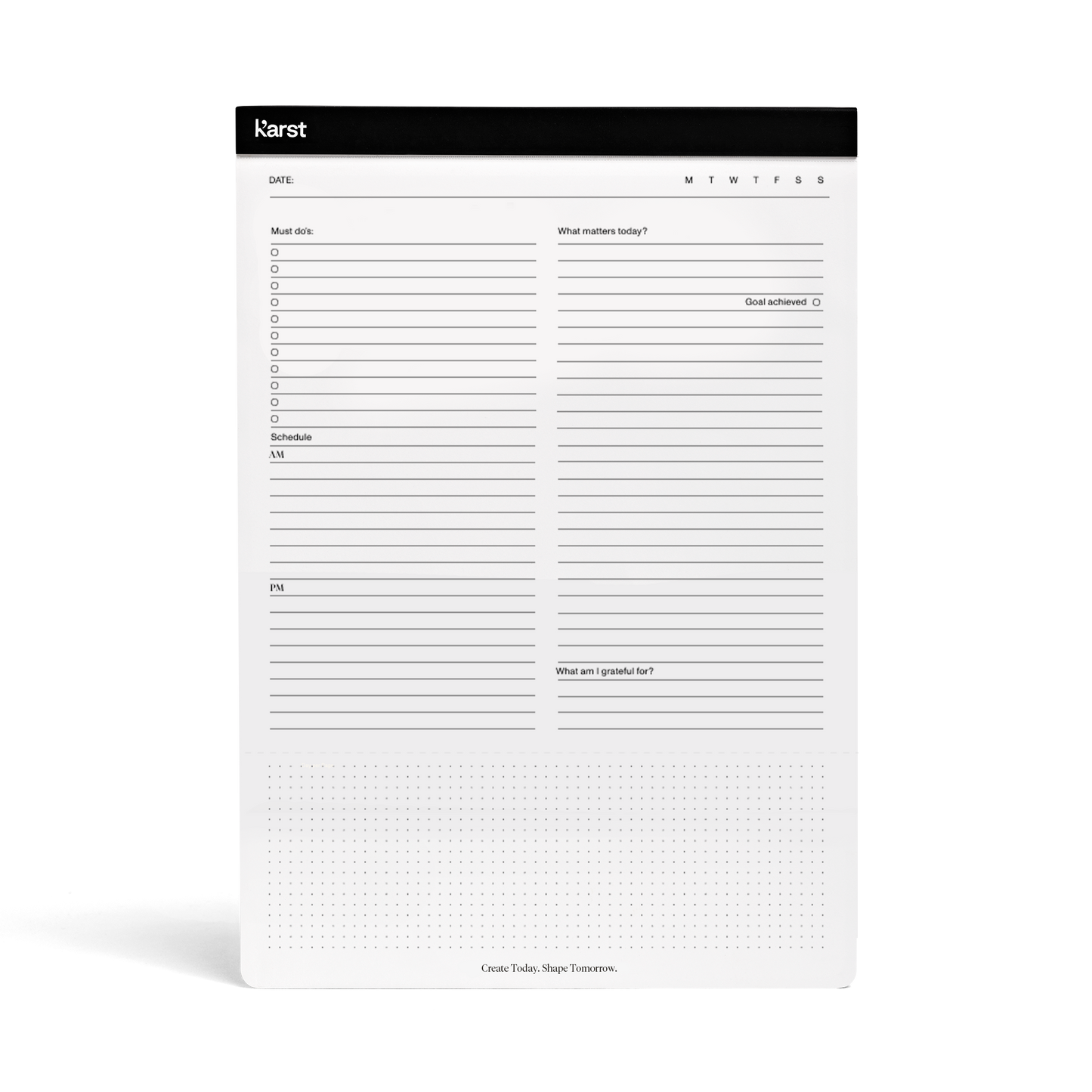 A4 daily notepad made of ultra-smooth stone paper with a simple functional layout - structure your day, set goals and take notes every day.