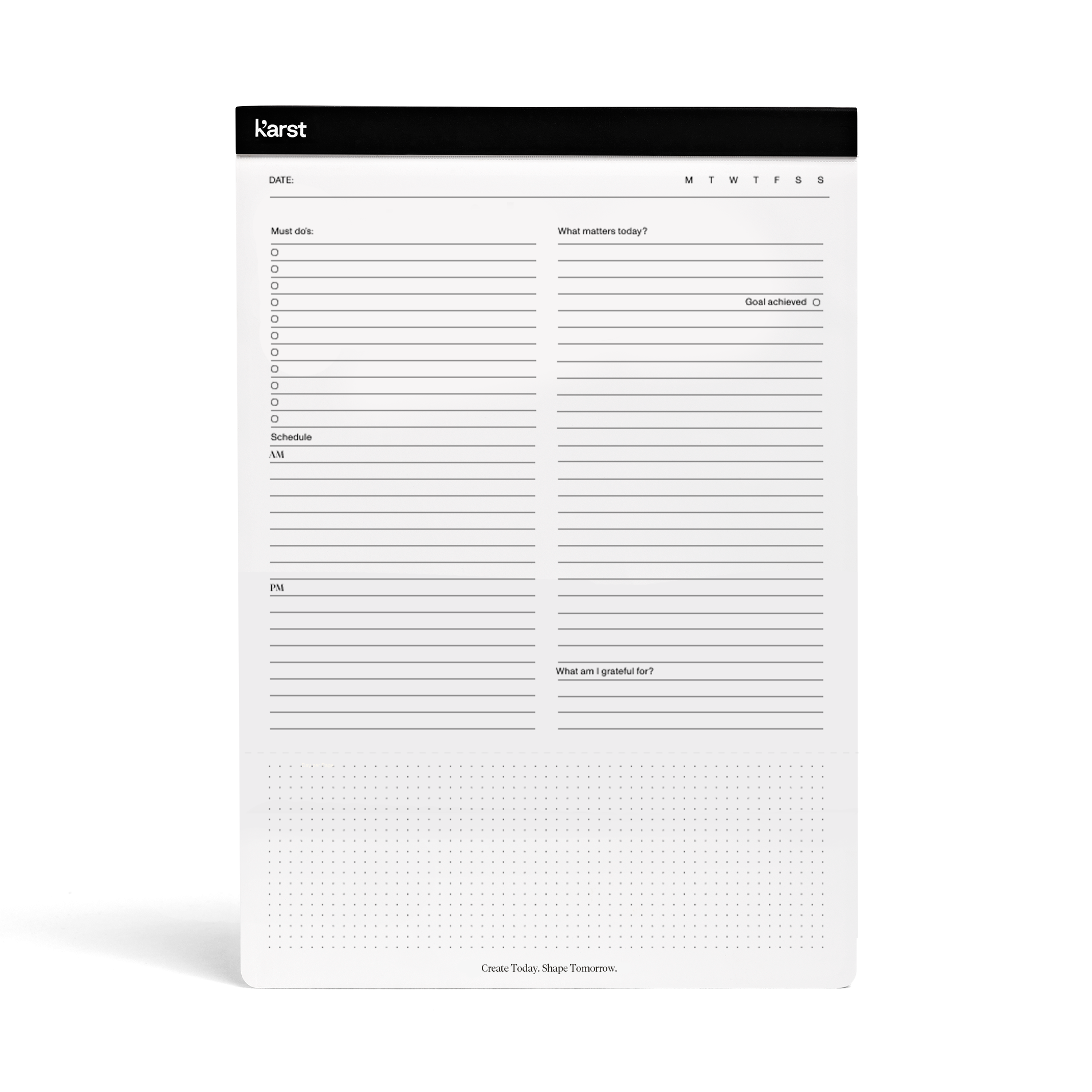 A4 daily notepad made of ultra-smooth stone paper with a simple functional layout - structure your day, set goals and take notes every day.