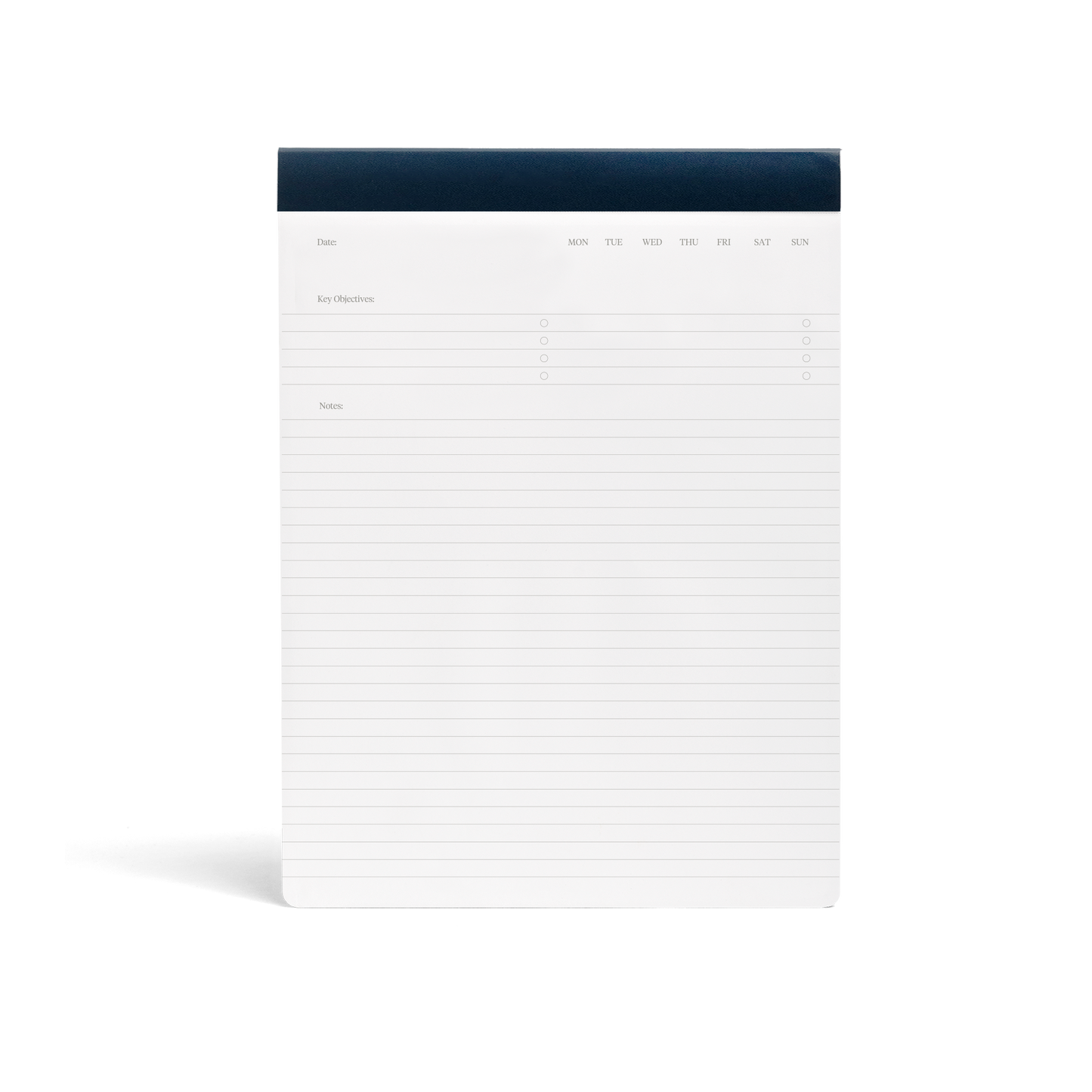 premium stone paper notepad, lined, undated, with space for key objectives and notes