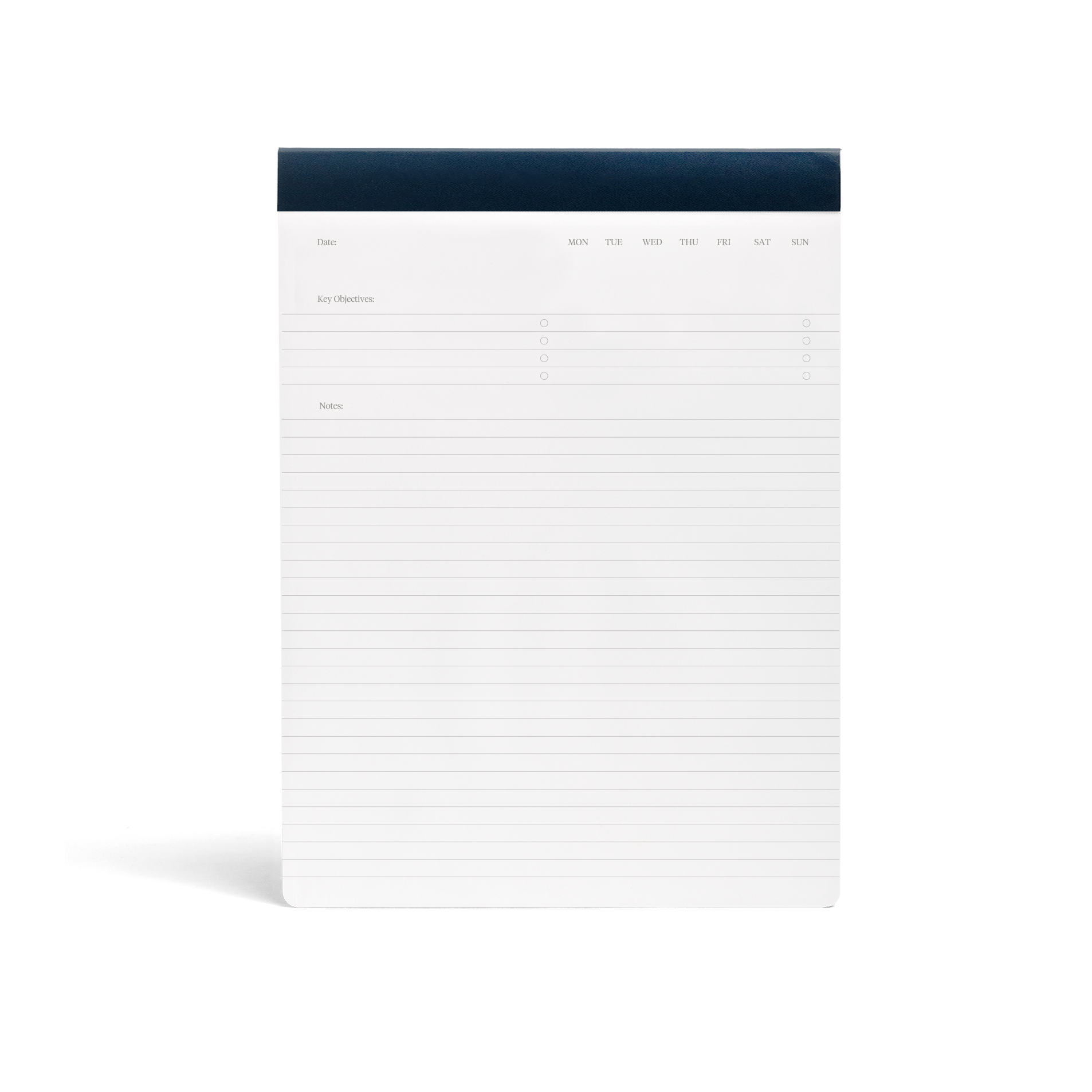 premium stone paper notepad, lined, undated, with space for key objectives and notes