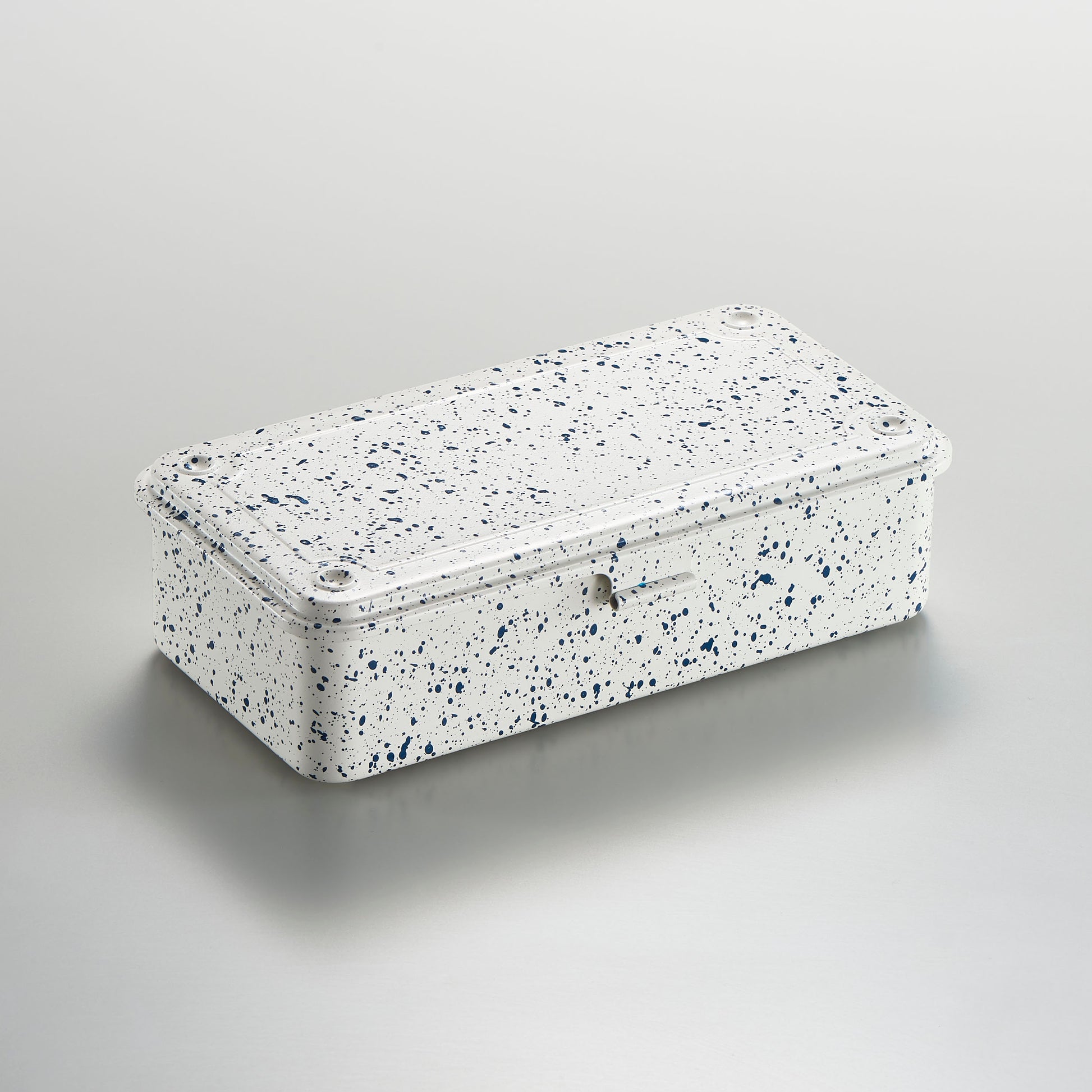 stackable tool box made of steel, white with indigo spots